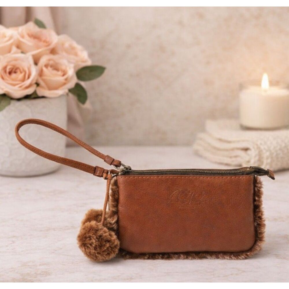 Patricia Nash Vinovo Wristlet Brown Leather Fur Trim Purse Handbag